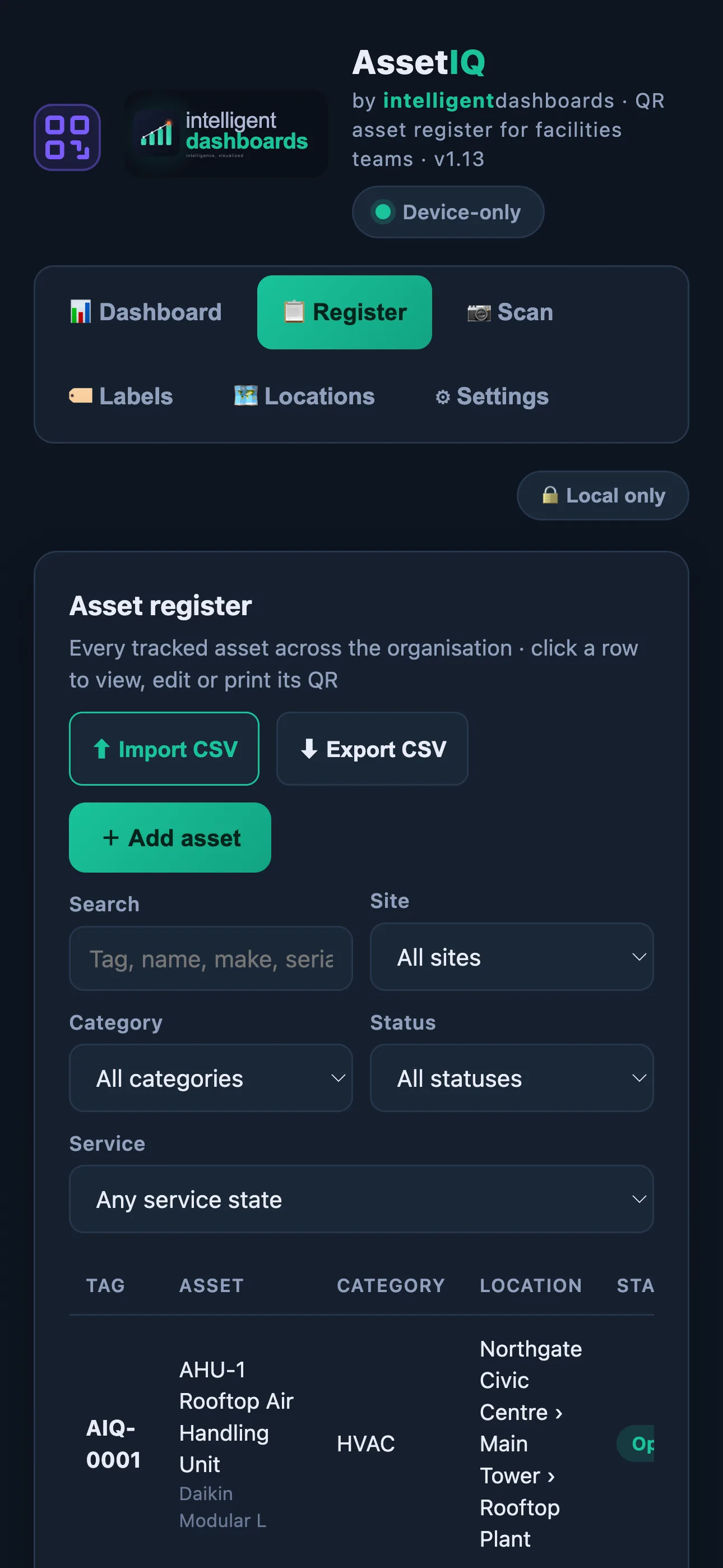 AssetIQ mobile app — asset register