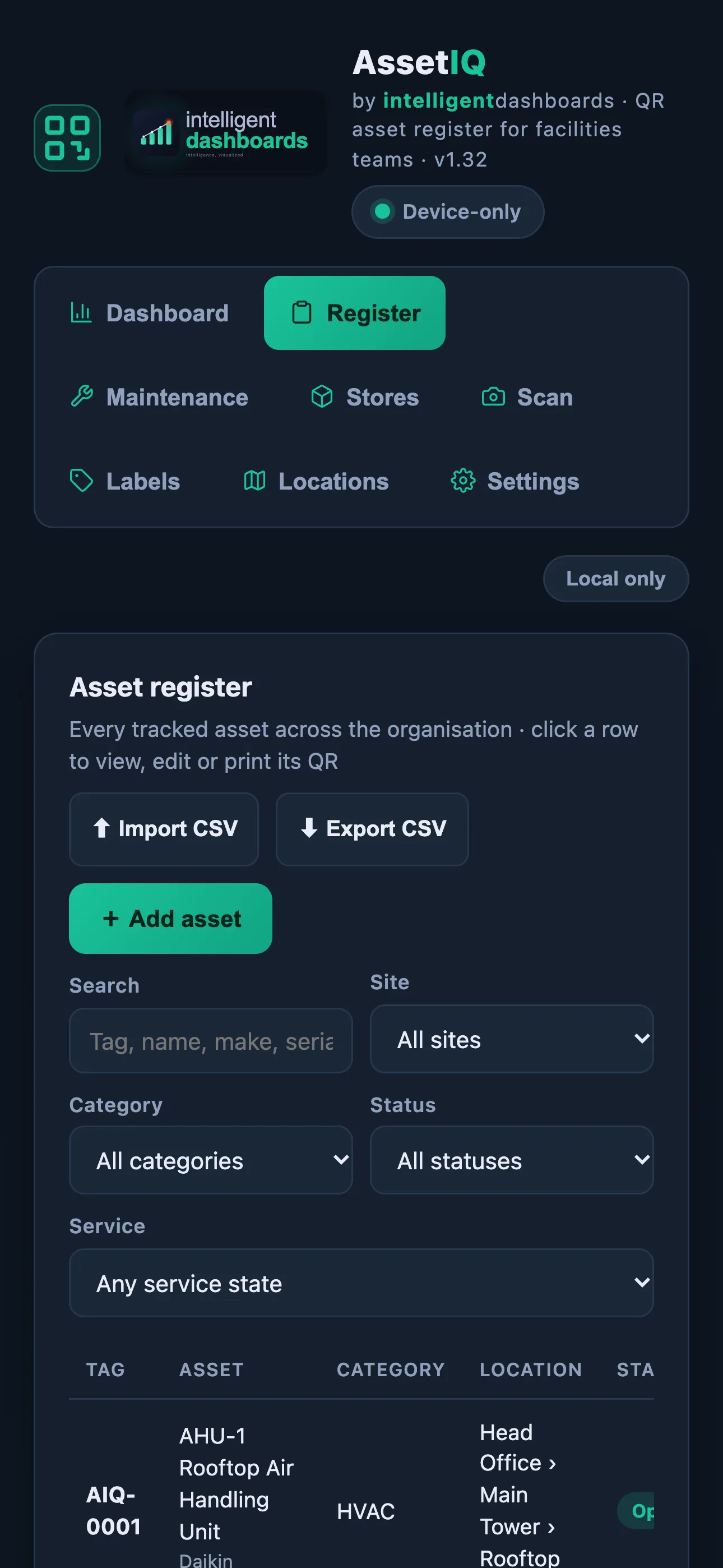 AssetIQ mobile app — asset register