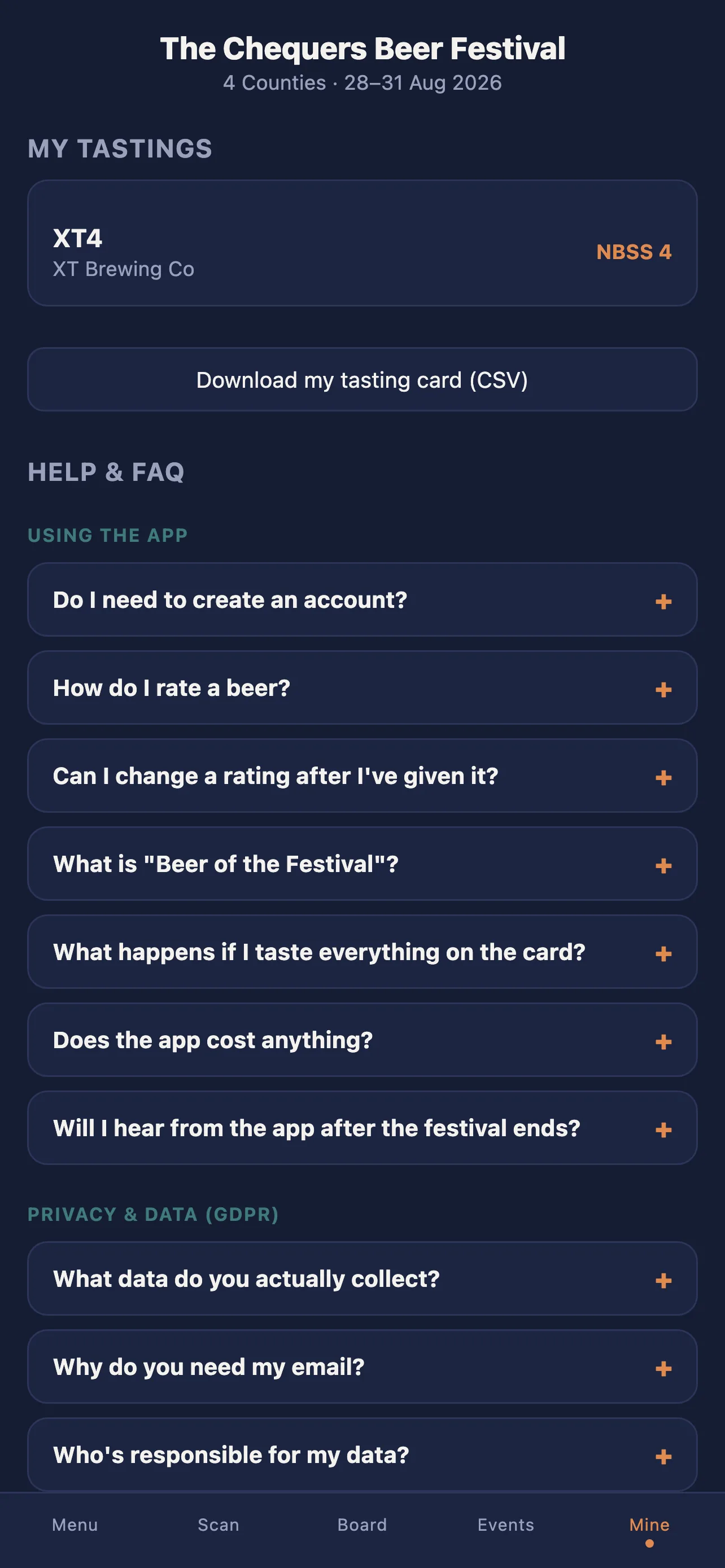 The Chequers Beer Festival app — my tastings & FAQ screen