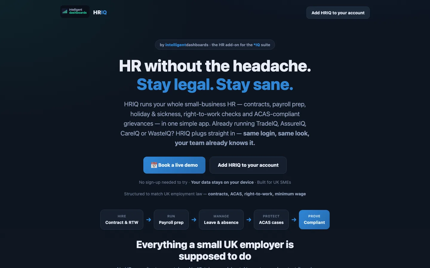 HRIQ product landing page with booking funnel