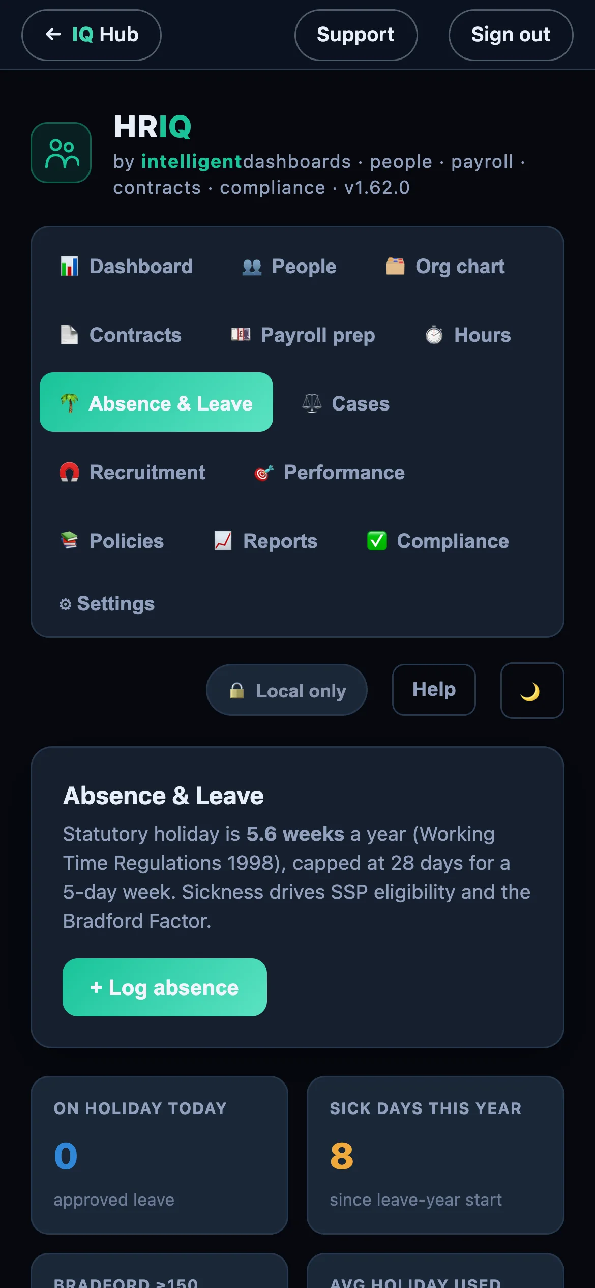 HRIQ mobile app absence screen