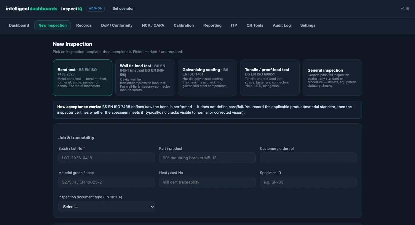 InspectIQ inspection & test-records dashboard