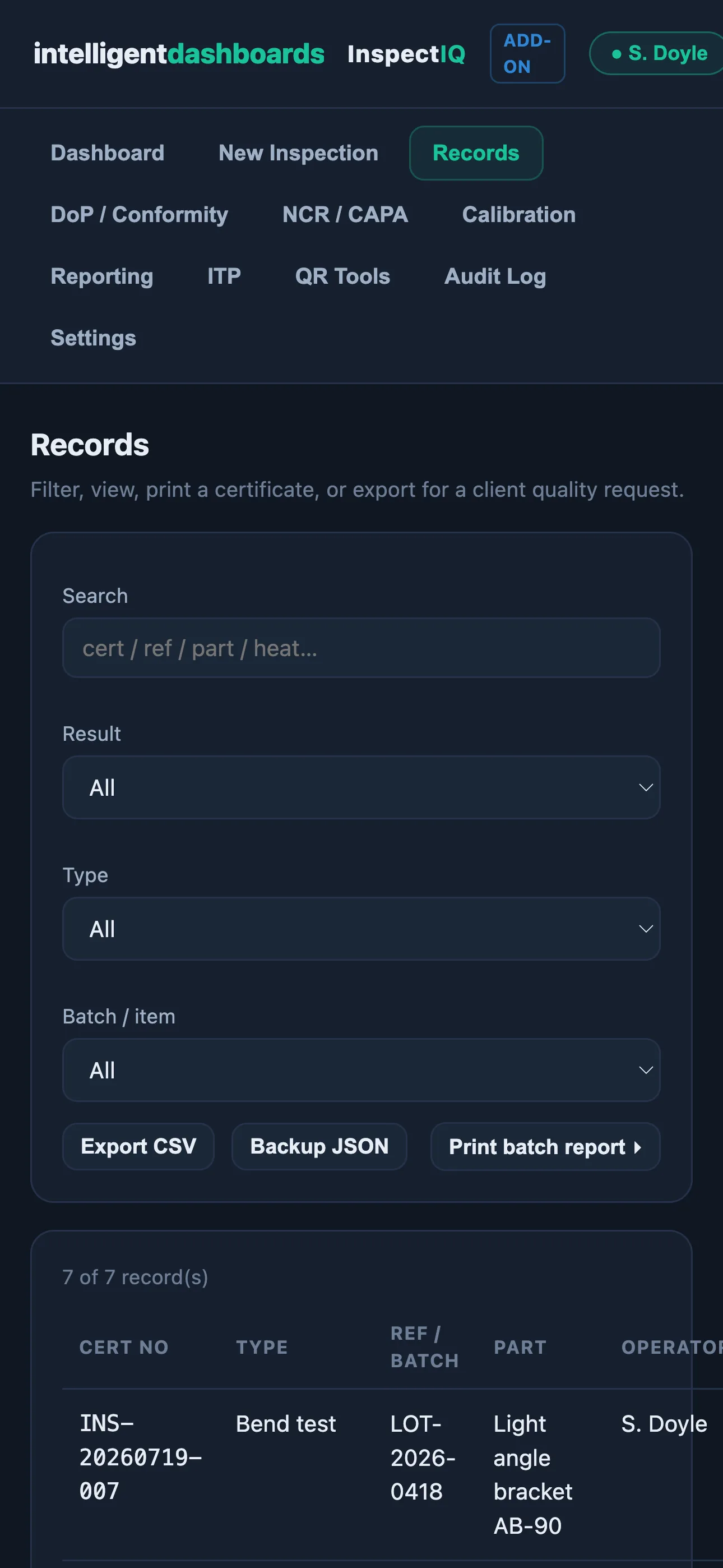 InspectIQ mobile app — inspection records