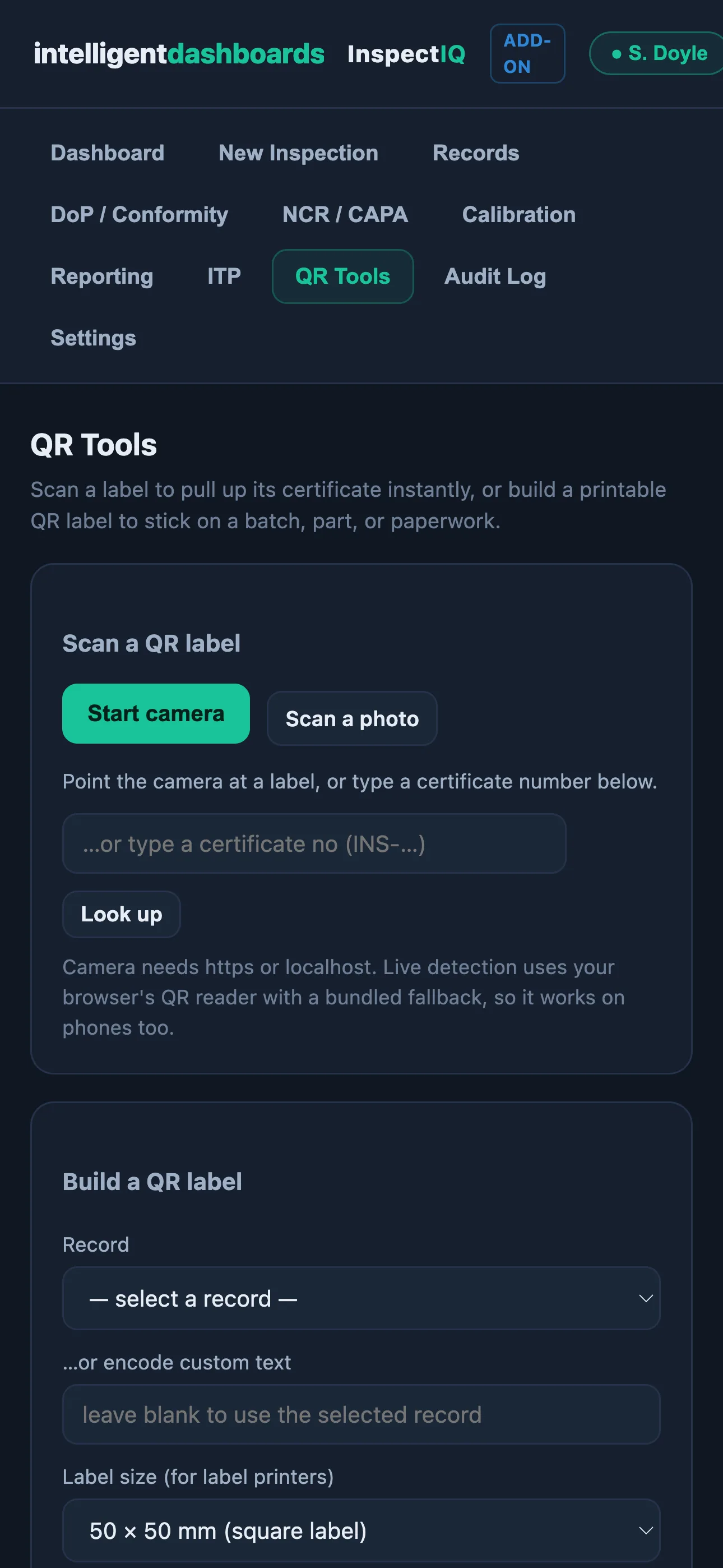 InspectIQ mobile app QR tools