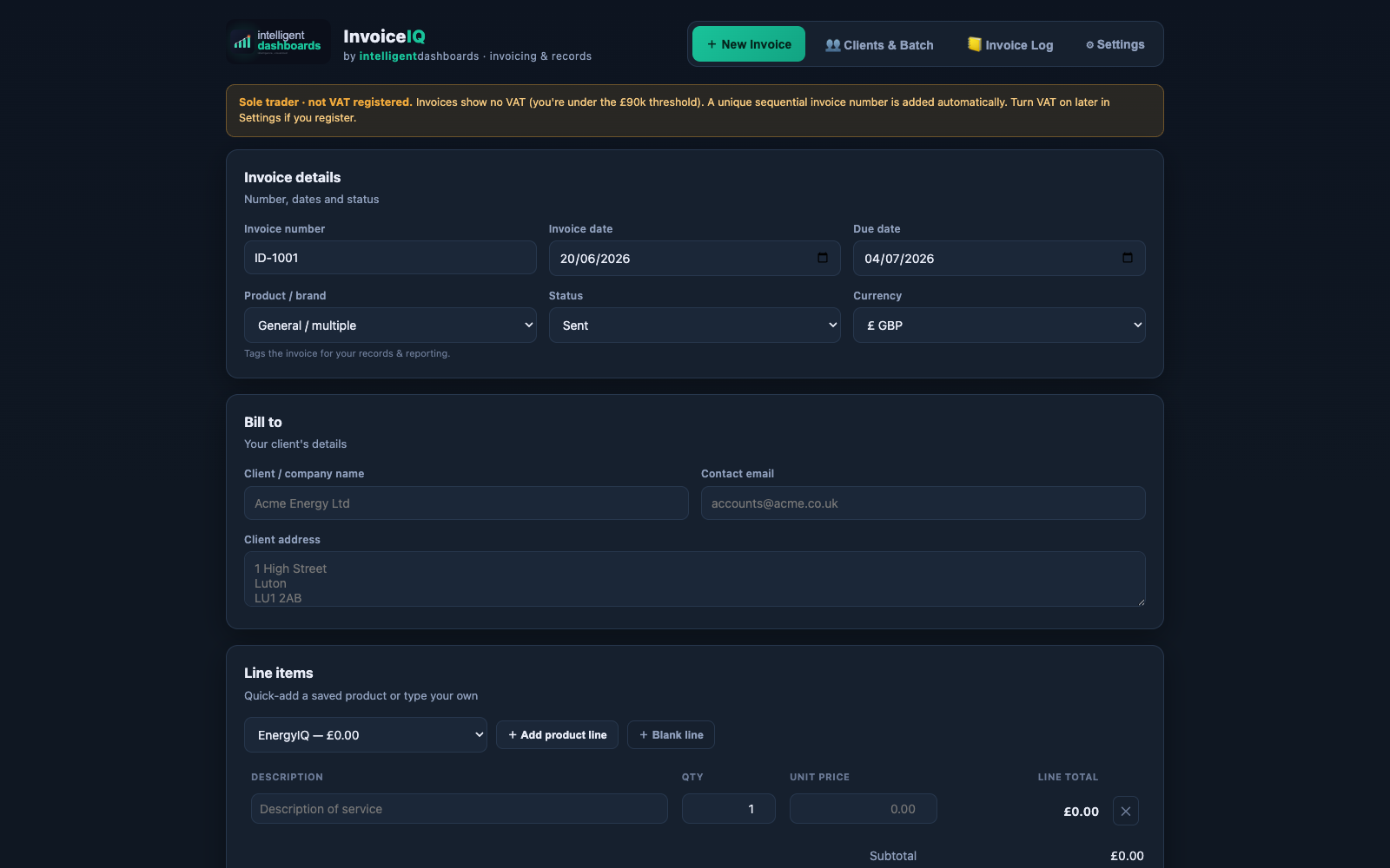 InvoiceIQ invoice builder