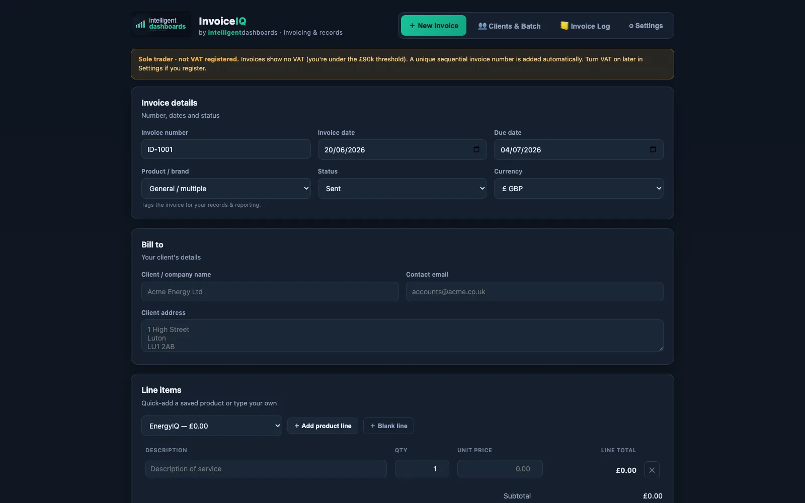 InvoiceIQ invoice builder
