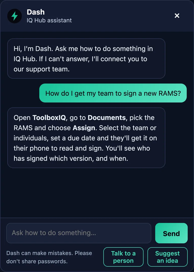 Dash, our AI assistant, answering a how-to question inside IQ Hub