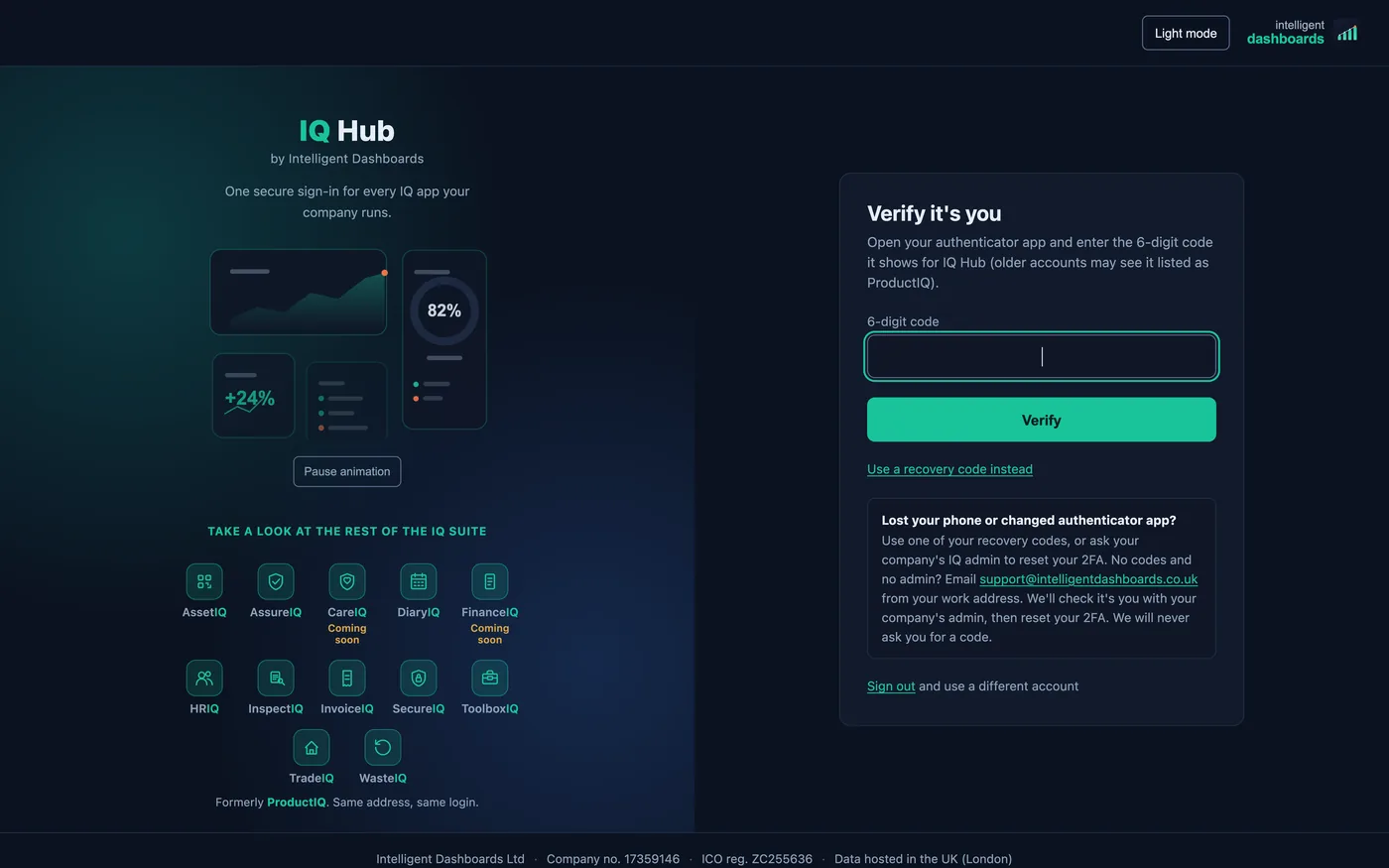 IQ Hub two-factor verify screen with the list of IQ apps