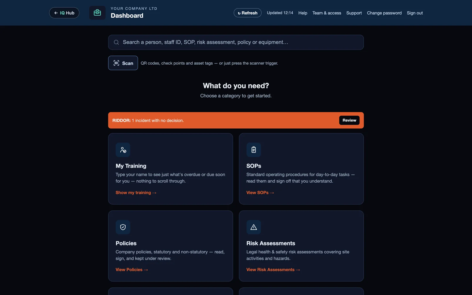 ToolboxIQ dashboard: SOPs, risk assessments, toolbox talks, incidents, equipment register and permits to work