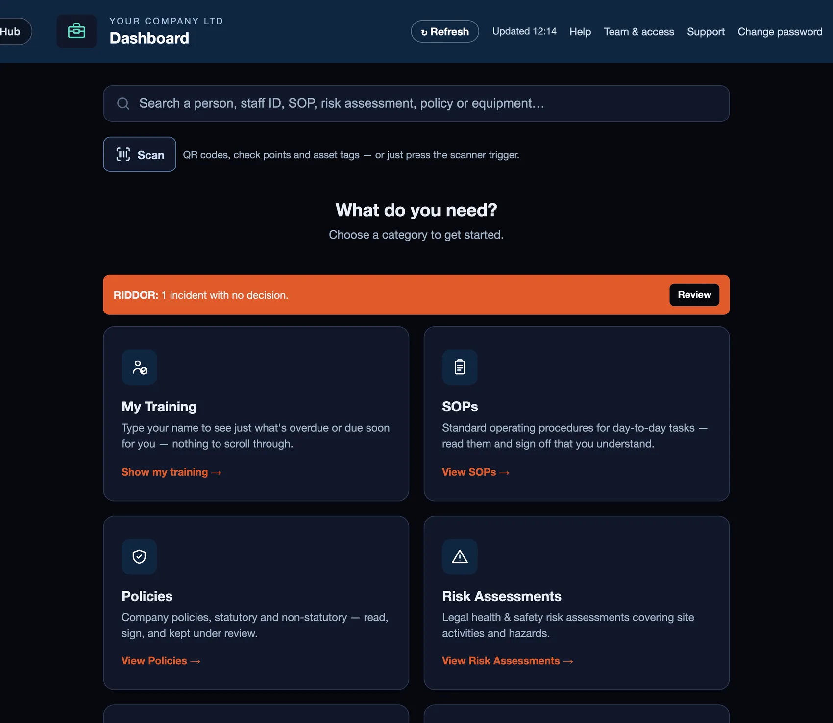 ToolboxIQ home screen with a RIDDOR incident waiting for a decision (sample data)